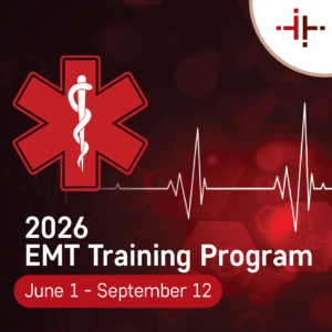 Graphic promoting the 2026 EMT Training Program. Includes a red star of life symbol, dates from June 1 to September 12, and a heartbeat line design in the background.